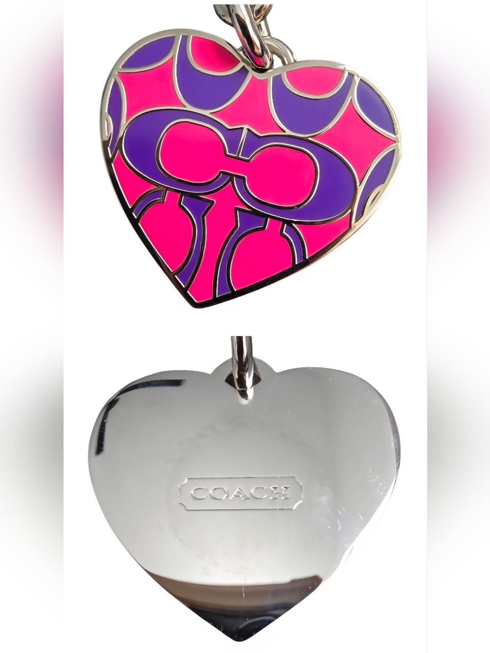 NWT Rare Coach Signature C Heart Keyfob F92412  silver red purple Y2K - Picture 7 of 9